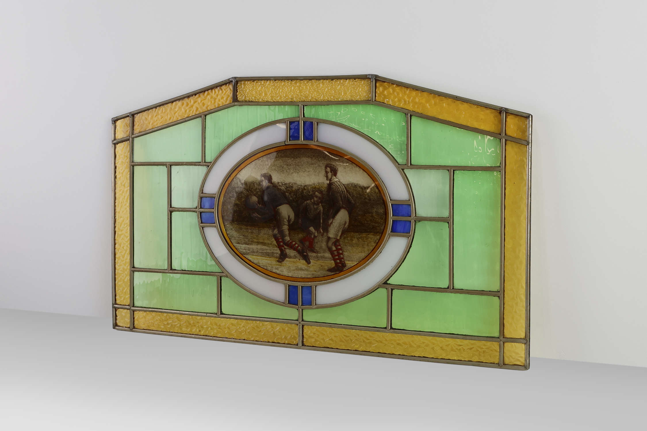 Art Deco Stained Glass Panel Depicting Early Football Scene, Belgium ca. 1910thumbnail